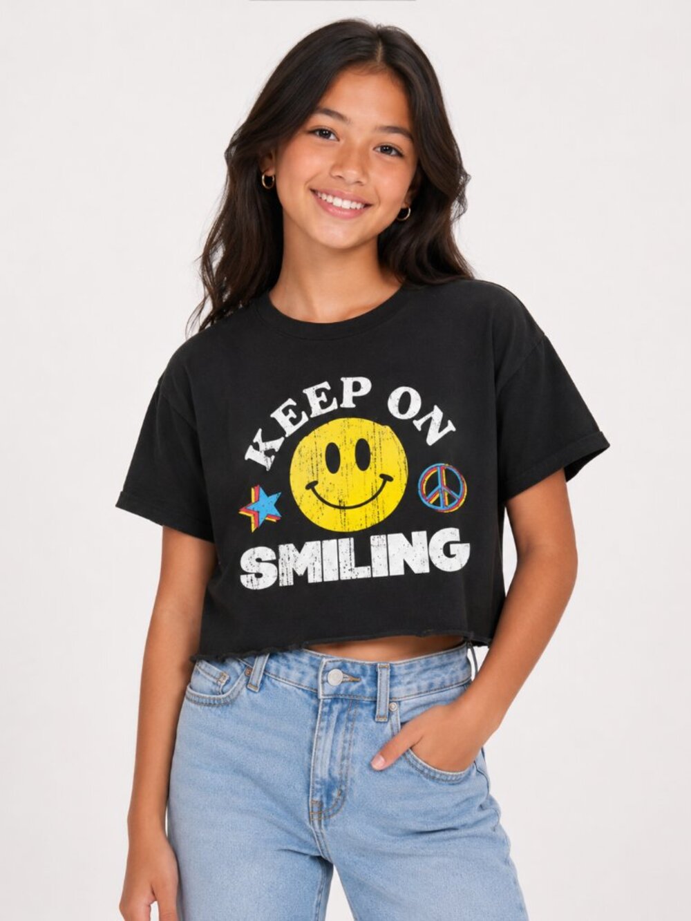 Prince Peter Collection Girls Keep On Smiling Distressed Crop Tee Black
